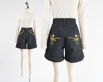 Embroidered Black Jean Shorts 90s Vintage High Waisted Western Star Denim Mom Jean Shorts size 25 XS