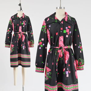 70s Shirt Dress size Medium | Vintage Black Geometric and Floral Print Dress Retro Collared Shift Dress with Tie Belt