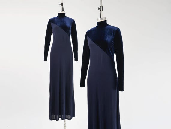 Navy Velvet Maxi Dress XS S | Vintage 90s Stretchy Mock Neck A-line Long Sleeve Evening Dress Extra Small