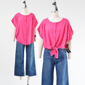 Bright Pink Top size M L | Vintage 80s Loose Fit Slouchy Cap Sleeve Button Down Blouse Deadstock