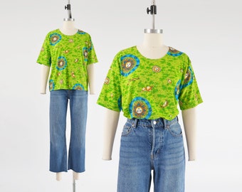 Lime Green Zodiac Top 90s Vintage Celestial Astrology Stretchy Knit Short Sleeve Blouse size L XL