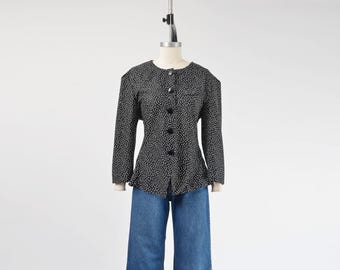 Blouse années 80 à pois taille L XL | Haut en maille boutonné noir et blanc Secrétaire rétro vintage