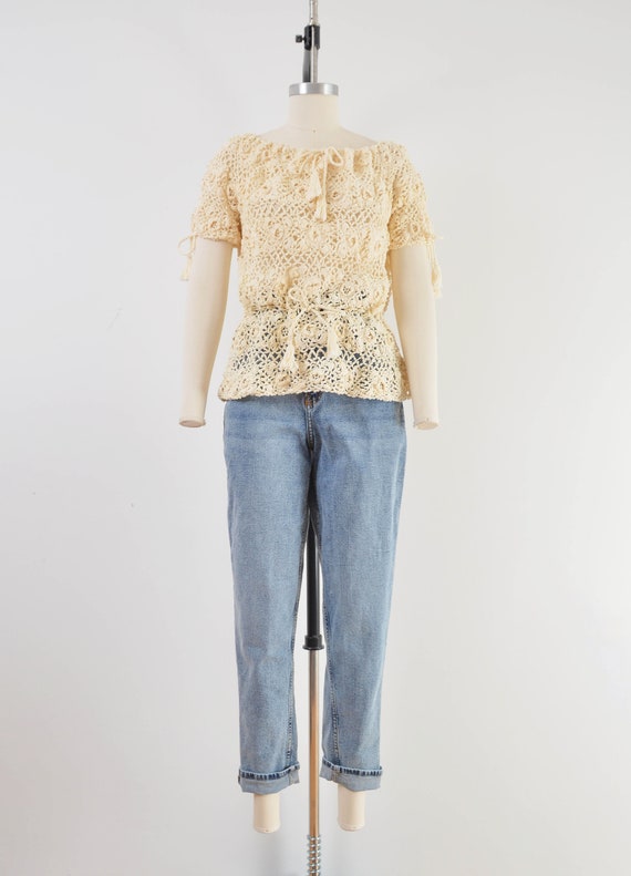 Cream Crochet Top size S M | 70s Vintage Boho Flo… - image 2