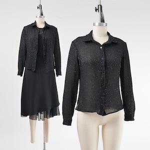 Vintage Sheer Black Blouse size S, Silk Beaded Y2K Collared Button Down Long Sleeve Top