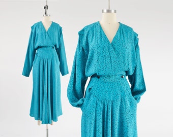 Vintage 80s Blue Polka Dot Wrap Dress Blouson Full Skirt Ankle Length Dress Turquoise Black size L