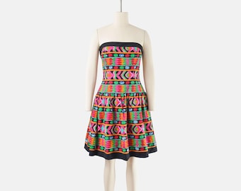 Vintage 80s Strapless Dress Small | Dropped Waist Colorful Geometric Cotton Party Dress with Full Skirt by AJ Bari