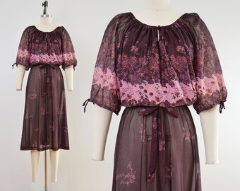 70s Boho Sheer Blouson Dress | Plum Pink Floral Midi Dress with Tie Belt size XS S