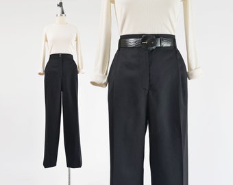 Black Wool Trousers 90s Vintage Minimal High Waisted Pleated Front Tapered Leg Pants size L 33