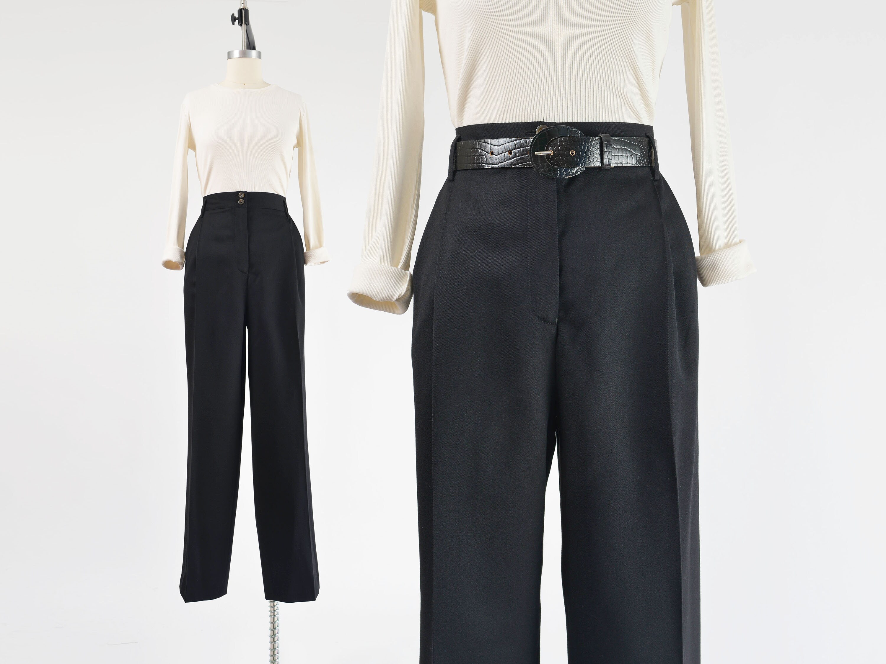 Vintage 90s Black Wool Trousers Size Large | Minimal Classic