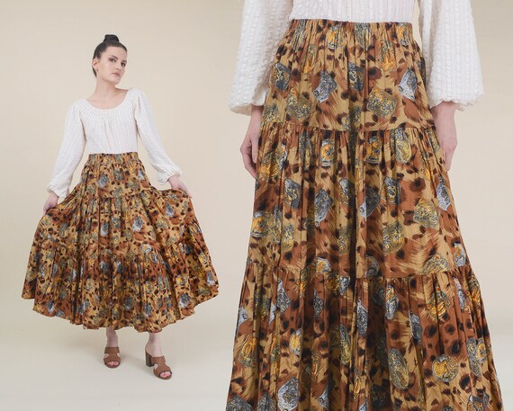 Vintage Animal Print Maxi Skirt | Full Tiered Skir