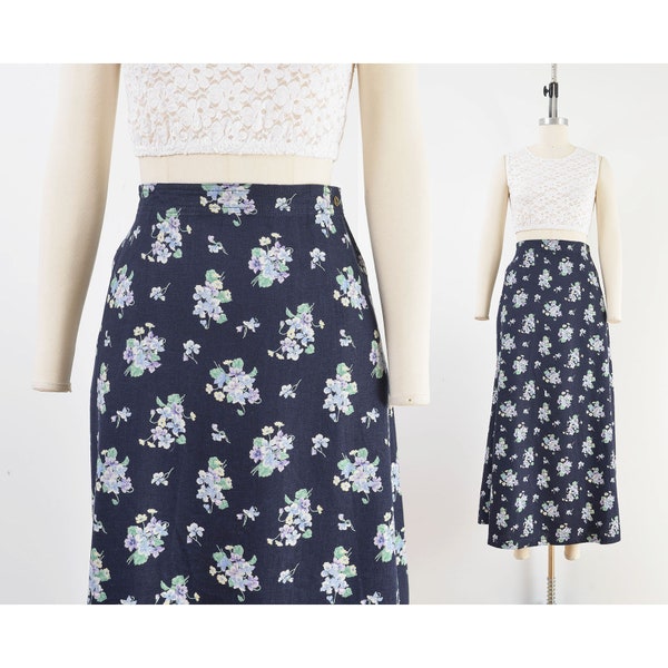 Navy Floral Maxi Skirt 90s Y2K Vintage Linen Blend Cottagecore A-line Skirt with Pockets size Large