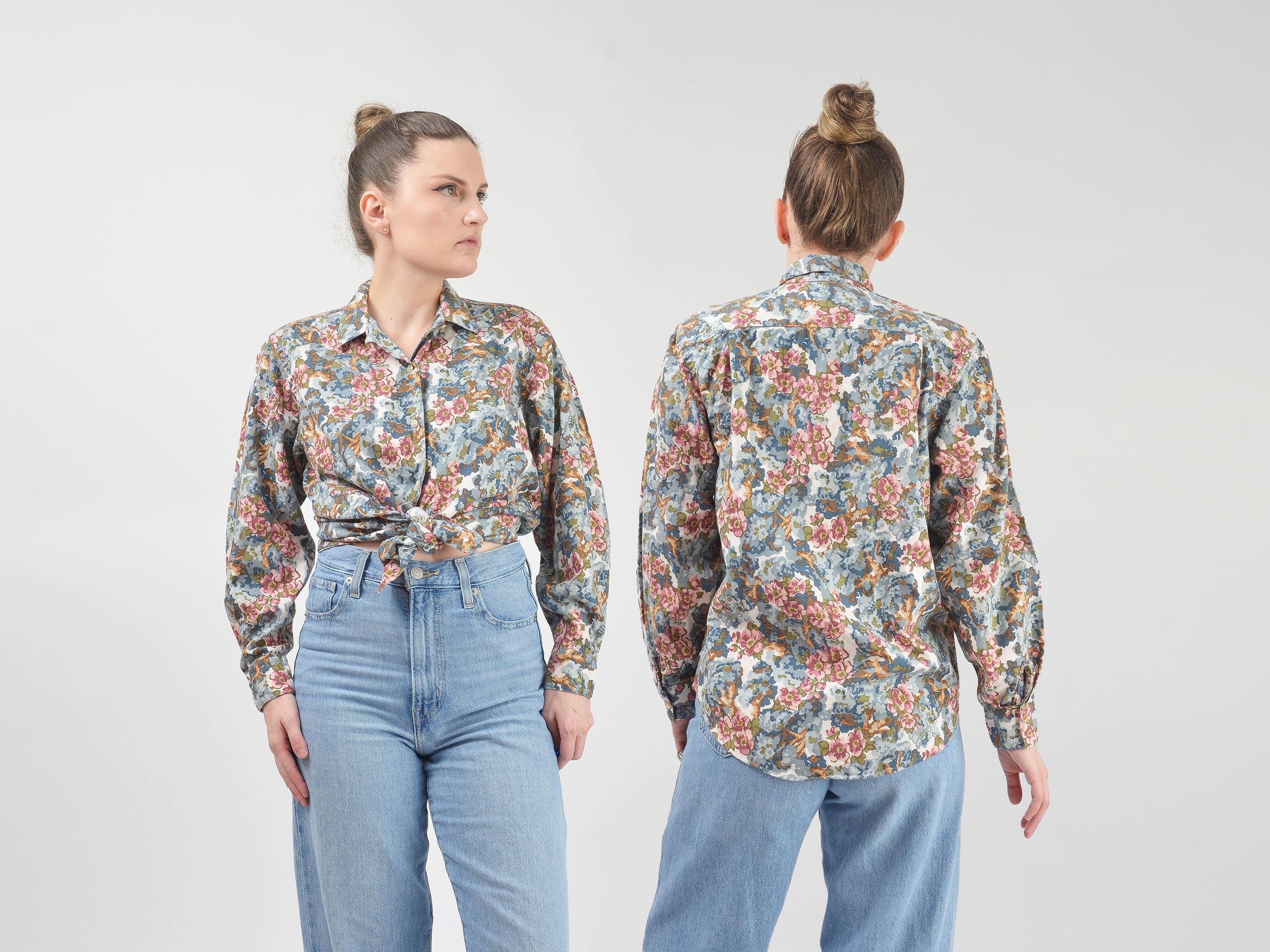 Vintage 80s LL Bean Floral Shirt Cotton Flannel Collared