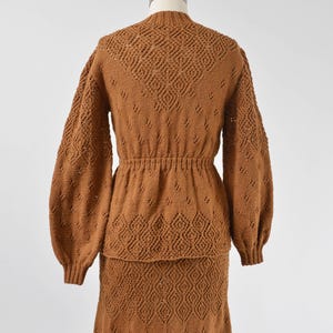 Back view of sweater on Vintage 70s brown hand knit sweater and skirt set.
