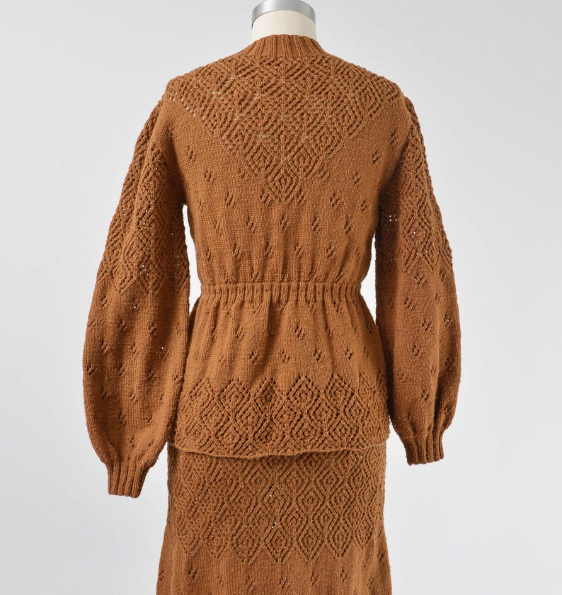 Back view of sweater on Vintage 70s brown hand knit sweater and skirt set.