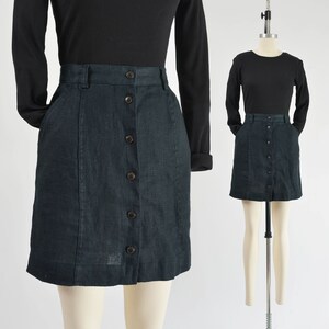 Black Linen Mini Skirt 90s Vintage GAP Minimalist High Waist Button Front Skirt with Pockets XS S