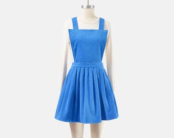 80s Blue Corduroy Pinafore Skirt size M | High Waisted Pleated Overall Mini Dress | Retro Kawaii Style Jumper