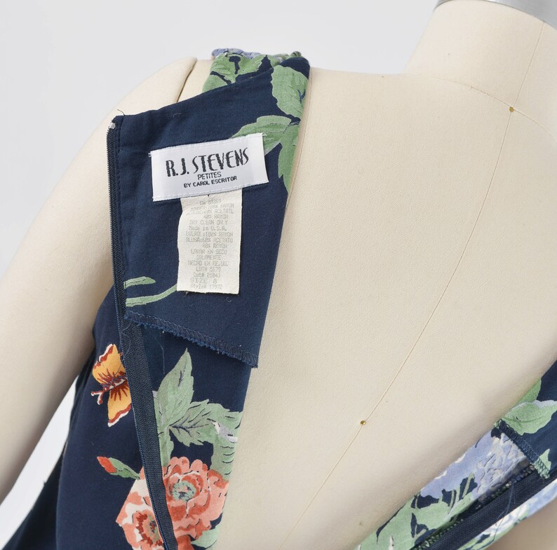 Vintage 90s Navy Floral Butterfly Dress Size Medium Sleeveless Midi