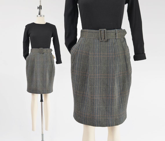 Black Plaid Pencil Skirt Vintage 90s Cotton Mini Skirt 1990s High Waisted Pleated Front Belted Skirt With Pockets Etsy Canada