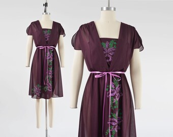 Plum Orchid Floral Dress 70s Vintage Semi Sheer Layered Disco Dress with Ribbon Belt size S M