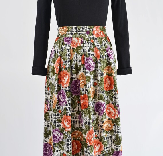 Plaid Floral Skirt size M L | 80s Vintage Black a… - image 5