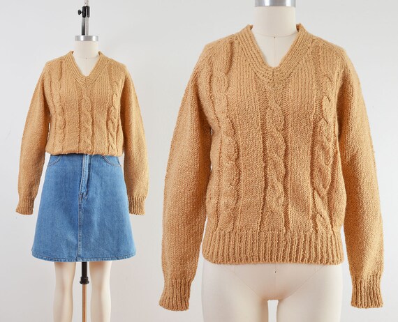 SHOPPOMPOMVINTAGE Vintage 70s Camel Brown Sweater | Cable Knit Acrylic V Neck Sweater | Size S M