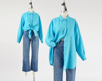 Bright Blue Linen Shirt 90s Y2K Vintage Collared Button Down Oversized Fit Minimal Blouse size M L