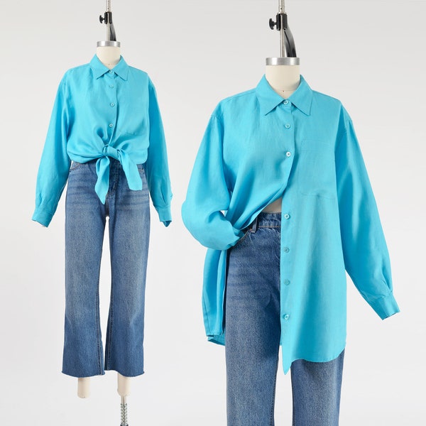 Bright Blue Linen Shirt 90s Y2K Vintage Collared Button Down Oversized Fit Minimal Blouse size M L