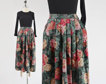 Romantic Floral Skirt 80s Vintage Cottagecore Full and Flowy Pleated Midi with Pockets size S