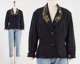 Black Peplum Jacket 90s Vintage Carole Little Romantic HEART Print Metallic Gold Rosette Blouse size M L