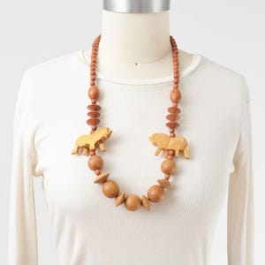 Vintage Safari Animal Necklace | Hand Carved Lion Wood Bead Necklace Statement Necklace