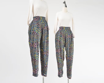 Pantaloni Boho astratti anni '90 vintage a vita alta con elastico e gamba affusolata, stampa floreale geometrica, taglia XS S