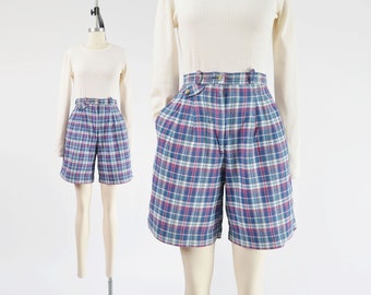 Plaid Cotton Shorts 90s Vintage High Waisted Pleated Front Preppy Bermuda Shorts Blue and White size S M