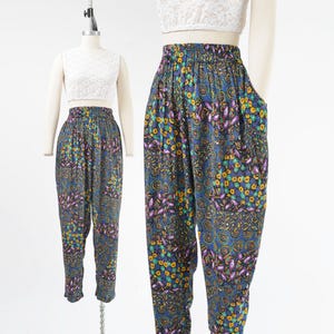 Vintage Boho Abstract Print Pants size XS S | Airy Gauze Elastic Waist Pants Tapered Leg Harem Pants