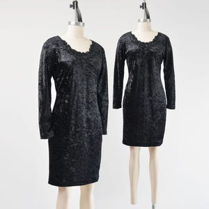 Black Crushed Velvet Dress size S M | Vintage 90s Stretchy Body Con Mini Dress Beaded Lace Applique Goth Dress