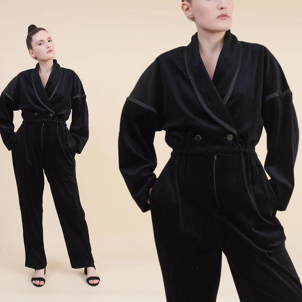 Vintage 80s Black Velvet Jumpsuit | Wrap Around Stretchy Velour Romper High Waist Minimal Pantsuit | Medium M