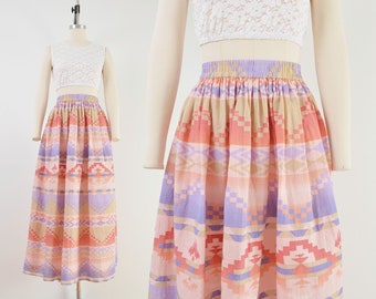Pastel Southwestern Skirt | 90s Vintage Linen Cotton Elastic Waist Maxi Skirt size Medium