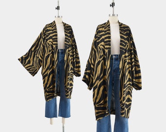 Animal Print Kimono Jacket 80s Vintage Black and Gold Tiger Striped Open Fit Duster Jacket