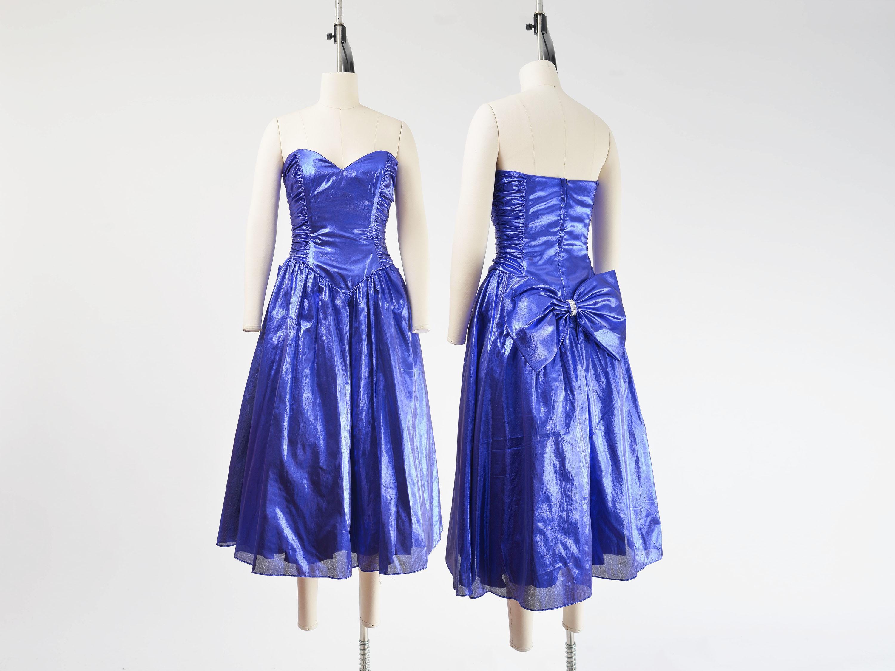 blue 80s prom dress 80s Inspired Tulle Prom Dresses V Neck Ruffles Sleeves main image 1