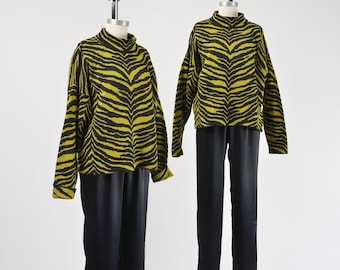 Pull imprimé zèbre | Pull oversize vintage Joan Vass en maille de coton vert et noir