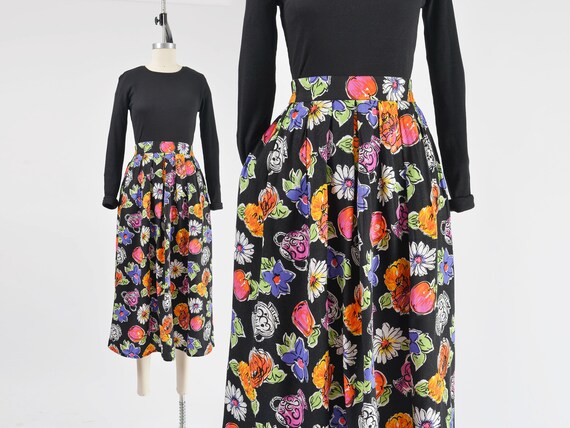 Cute Floral Vase Pottery Print Skirt 80s 90s Vintage Full Pleated Midi Skirt With Pockets Size M Etsy Australia