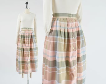 Plaid Cotton Skirt 80s Vintage Button Front High Waisted Full Pleated Midi Skirt with Pockets size XS S