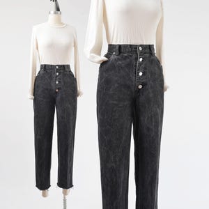 Black Stonewash Jeans size Medium | Vintage 90s High Waisted Button Fly Tapered Leg Cut Off Ankle Length Jeans 28