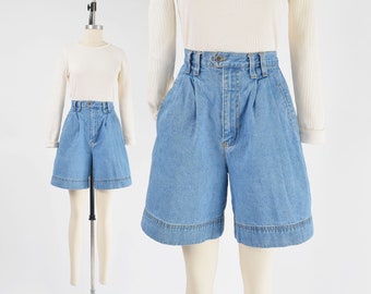 High Waisted Denim Shorts size Small | 90s Vintage Pleated Front Cotton Jean Bermuda Shorts S