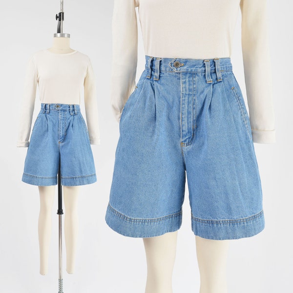 High Waisted Denim Shorts size Small | 90s Vintage Pleated Front Cotton Jean Bermuda Shorts S