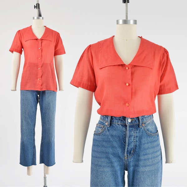 Red Sheer Blouse 60s Vintage Sailor Collar Button Down Short Sleeve Top size Small