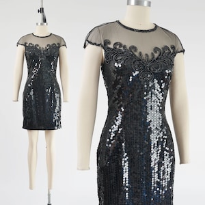 Black Sequin Mini Dress size Small | Vintage 90s Sheer Mesh Neckline Beaded Dress Stretchy Body Con Fitted Party Dress