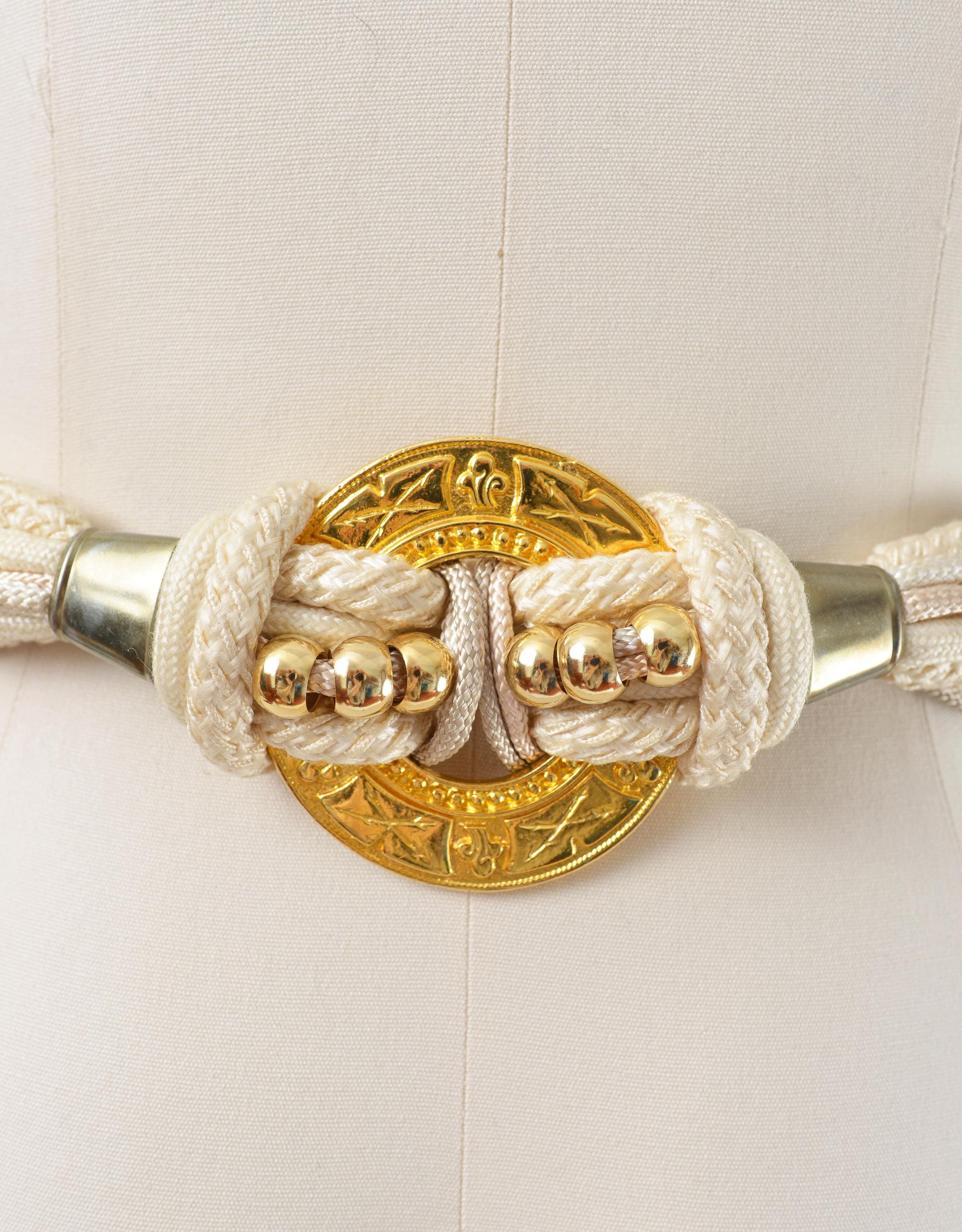 Vintage 80’s Cord Brass Gold Cream Belt Vintage 80s Cream and Gold Medallion Braided Cord Cinch Belt  main image 4