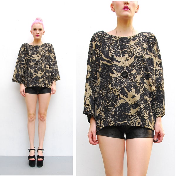 80s Top - Avant Garde Marble Batwing Shirt - Slouchy Oversized Dolman Sleeves - 1980s Abstract Animal Print Top - OS S M L