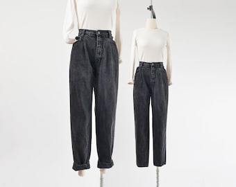 Jean noir délavé années 90 taille M | Gloria Vanderbilt - Jean fuselé taille haute plissé sur le devant, taille 30