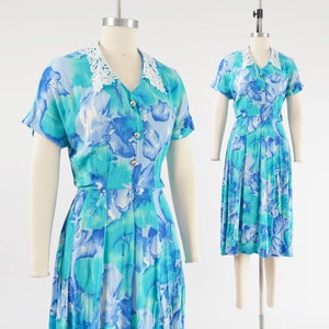 Blue Watercolor Floral Dress size XS | Vintage 90s Feminine Grannycore White Lace Collared Midi Dress